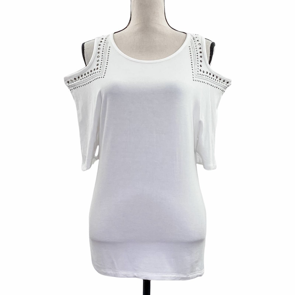 VOICE of California White Cold-Shoulder Dolman Sleeve Embellished Blouse